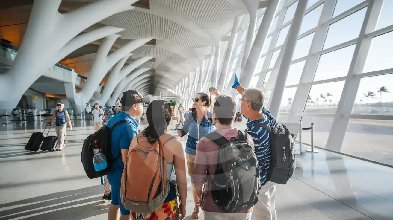 Tour group with guide holding flag inside arrivals concourse at PVR Puerto Vallarta airport with tropical architecture and tarmac views