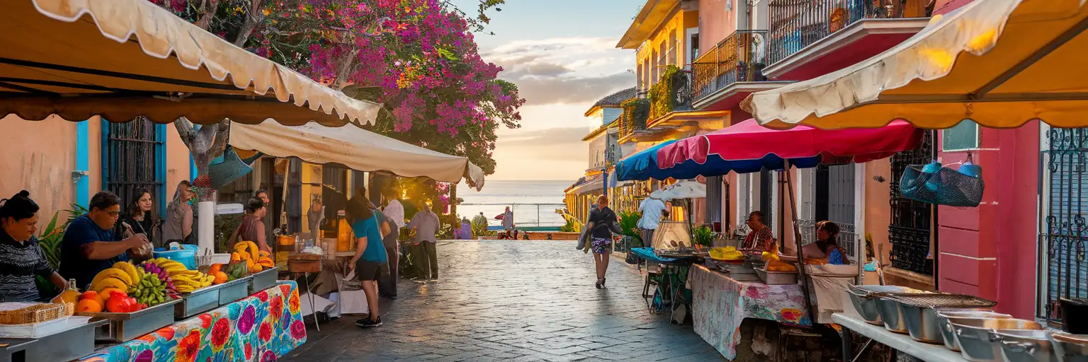 Colorful street food scene in Puerto Vallarta's Zona Romántica neighborhood with taco stands and traditional Mexican vendors at golden hour