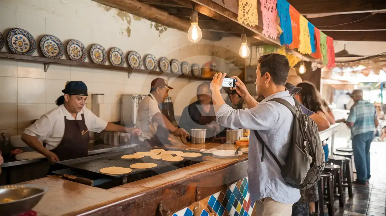 Solo male traveler photographing taco preparation inside a traditional Puerto Vallarta taquería with colorful ceramic plates and warm lighting