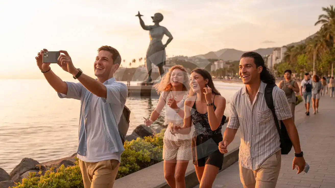 Three friends photographing the Malecón sculpture along Puerto Vallarta's waterfront boardwalk at golden hour with Banderas Bay behind them