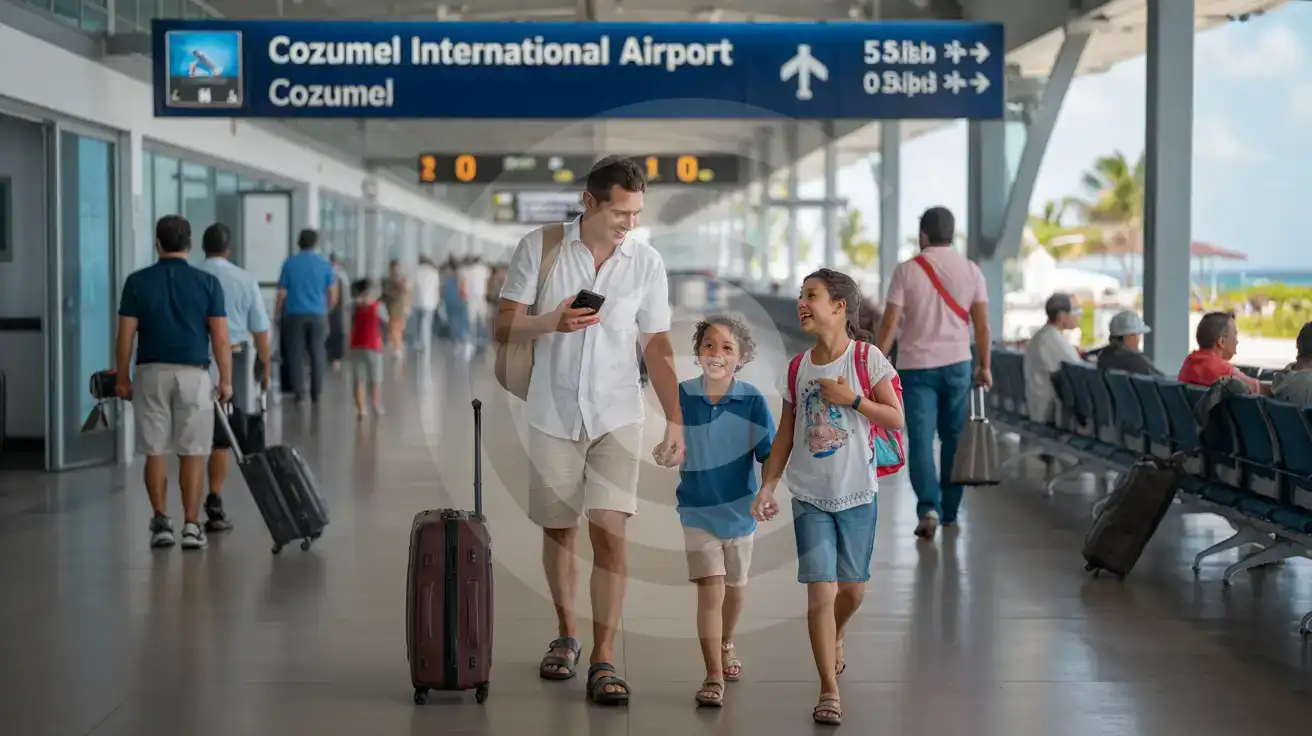 Meksika, Cozumel Uluslararası Havalimanı'nda varış salonunda yürüyen bir aile