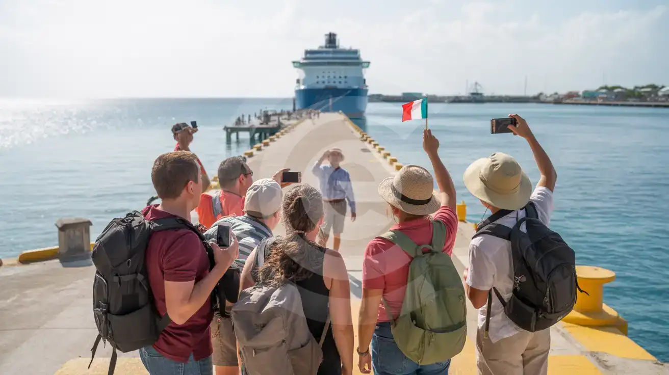 Guided tour group near the Port of Cozumel waterfront with cruise pier and ship in the background