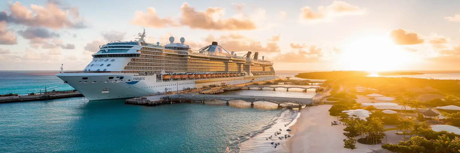 Wide exterior view of Cozumel Cruise Ship Port with cruise ships docked along the turquoise Caribbean waterfront