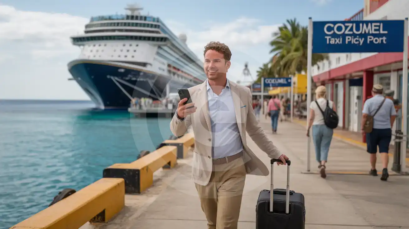 Solo business traveler walking the Cozumel Cruise Ship Port waterfront promenade with carry-on and phone after arrival