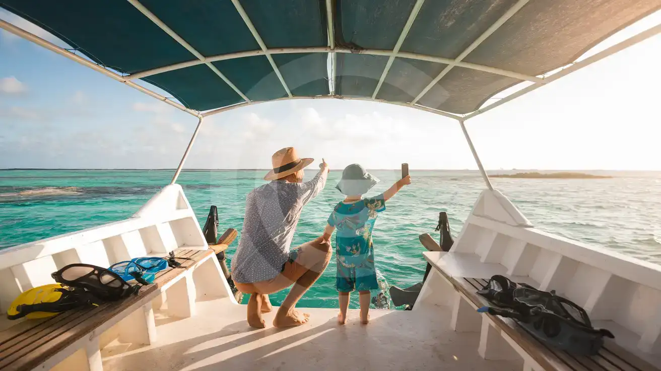Family on Cozumel snorkel tour boat pointing toward reef while holding smartphone