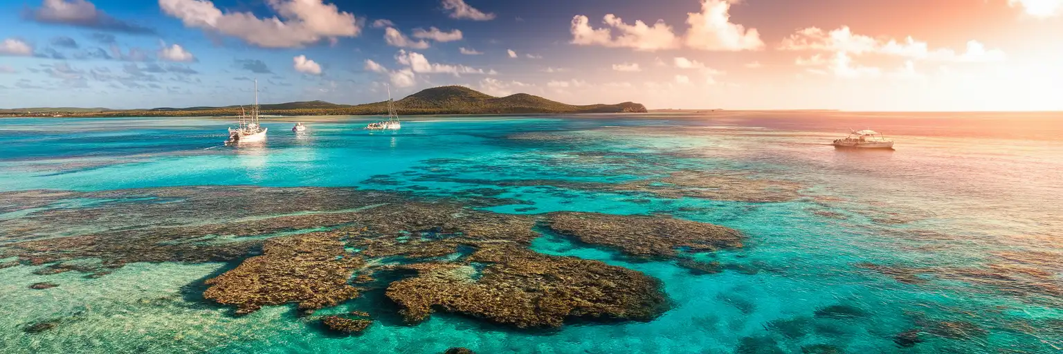 Turquoise waters of Palancar Reef off Cozumel's coast with coral formations visible beneath the surface and traditional fishing boats at golden hour