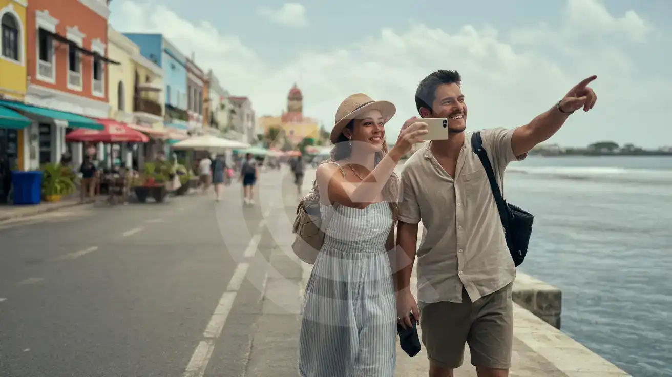 Couple walking along San Miguel de Cozumel's colorful waterfront malecón with painted storefronts and outdoor cafes