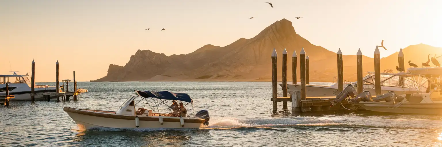 Traditional panga tour boat departing Los Cabos marina at golden hour with Baja desert mountains in the background