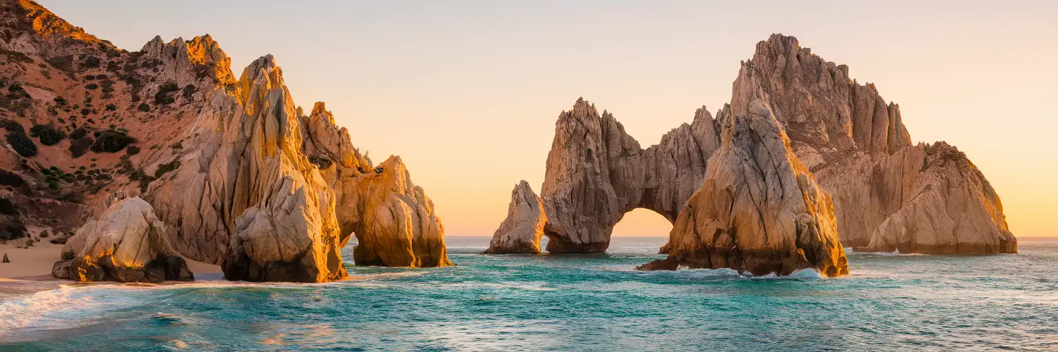 El Arco natural rock arch at Land's End in Los Cabos at golden hour with turquoise Sea of Cortez waters