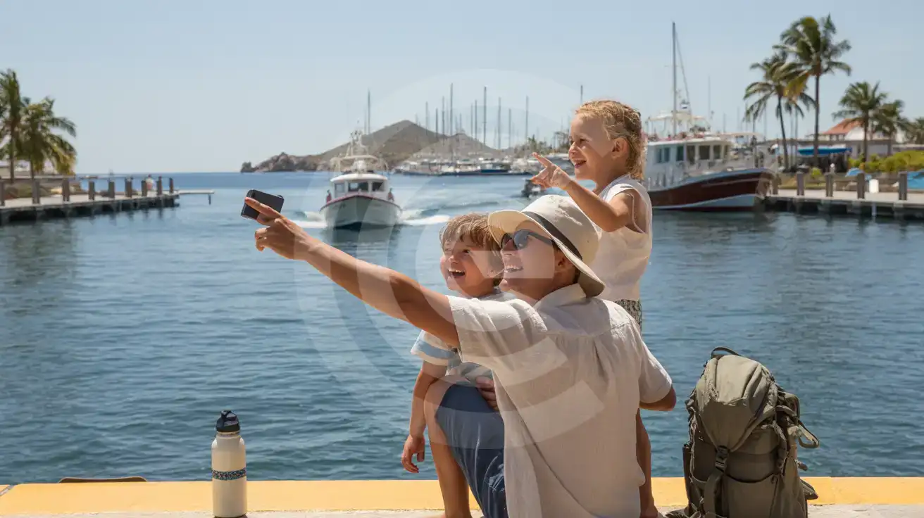 Family pointing at departing whale-watching boat at Cabo San Lucas Marina with fishing vessels and palm trees in background