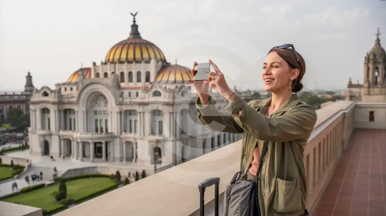 Alleenreizende vrouw die het Palacio de Bellas Artes fotografeert vanaf een dakterras in Mexico-Stad op een bewolkte middag