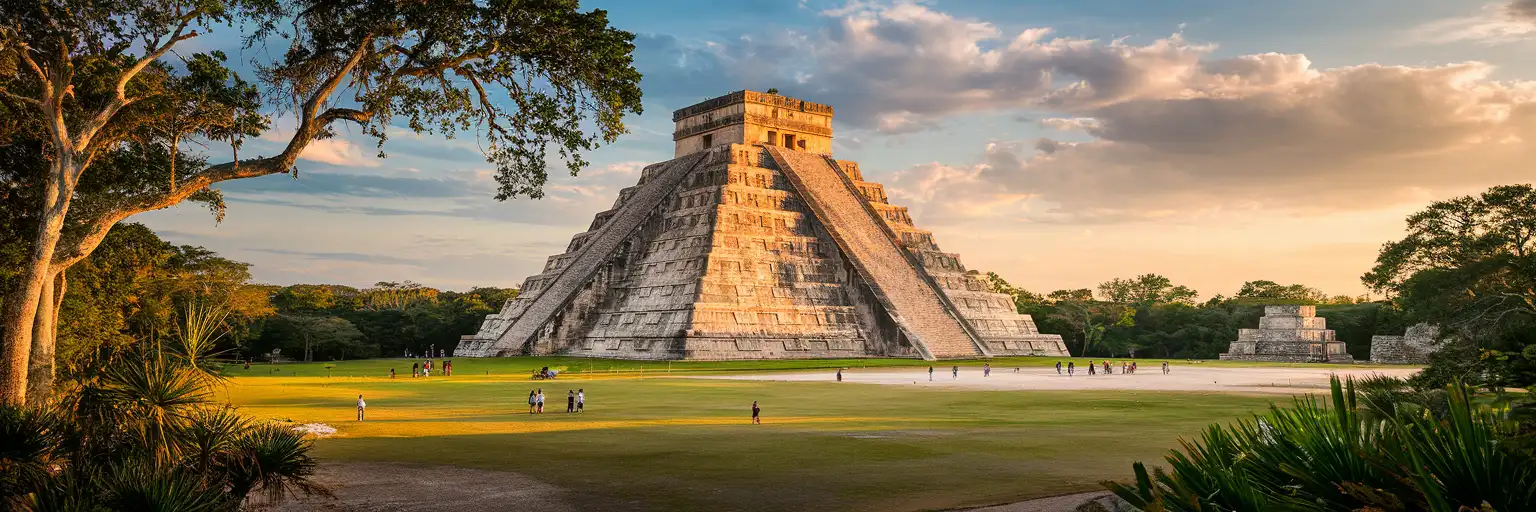 Chichén Itzá pyramid at golden hour with the Yucatán jungle surrounding the ancient Mayan archaeological site in Mexico