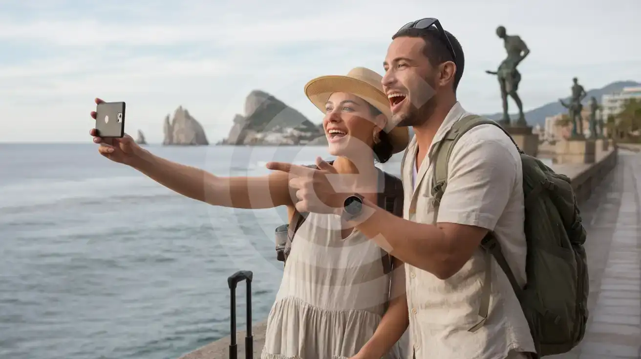 Couple photographing Los Arcos rocks from Puerto Vallarta Malecón boardwalk with Pacific Ocean backdrop in Mexico