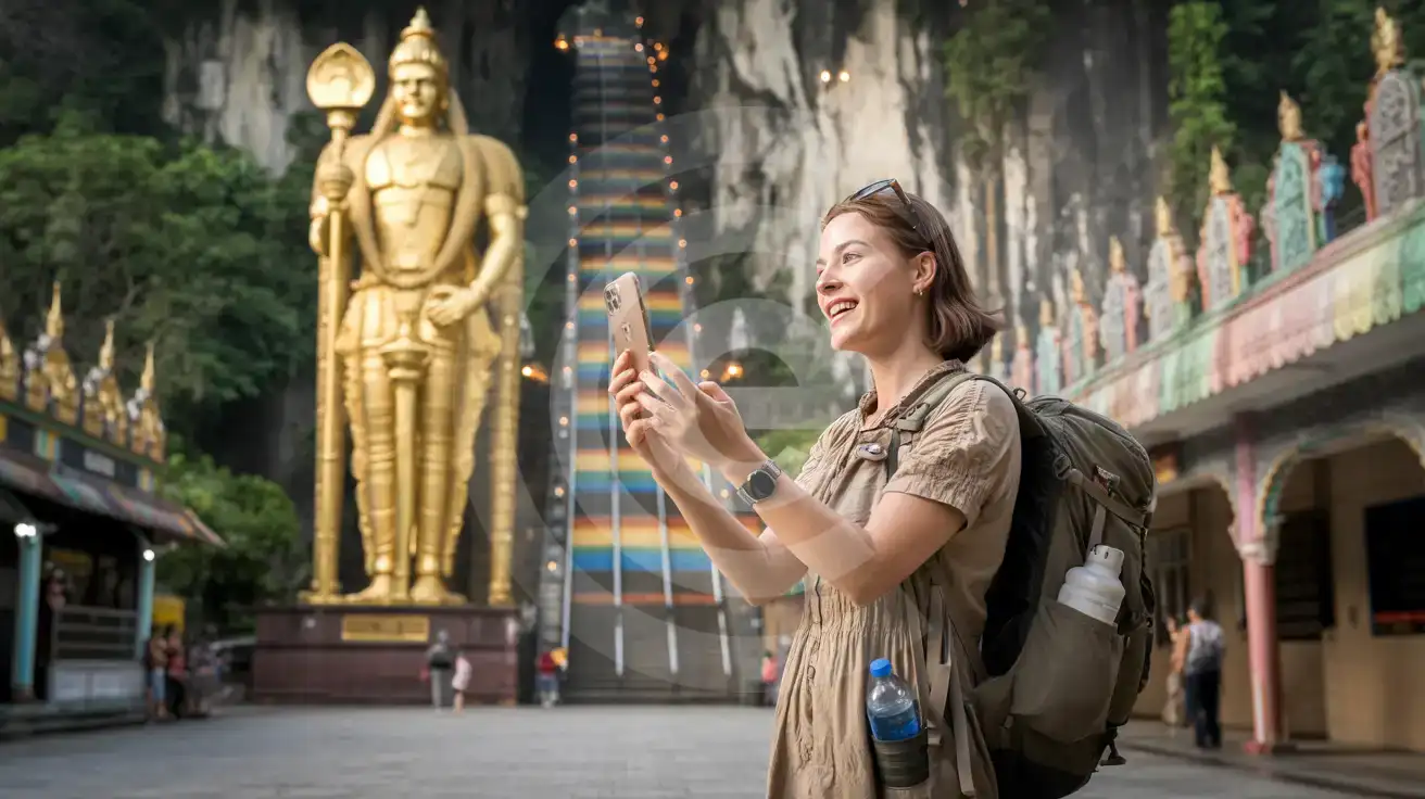 Solo female traveler photographing the golden Lord Murugan statue and rainbow steps at Batu Caves, Malaysia
