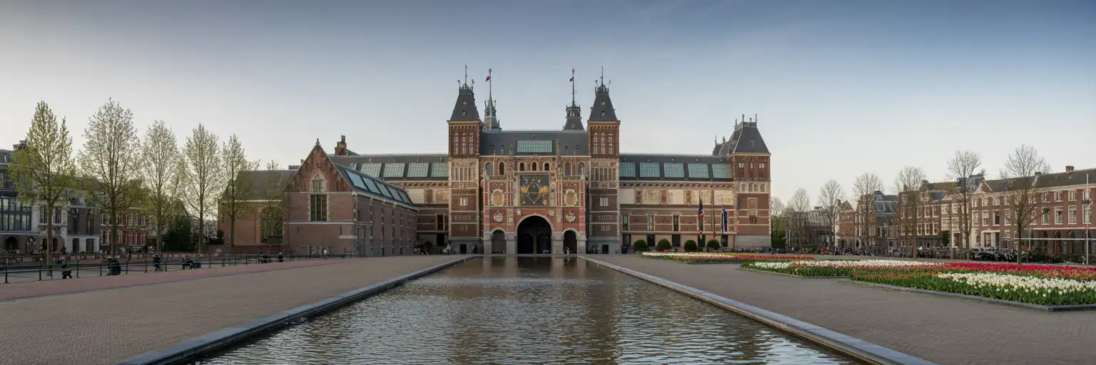 Rijksmuseum em Amsterdã ao entardecer com ciclistas e o Museumplein refletindo a fachada em estilo neogótico