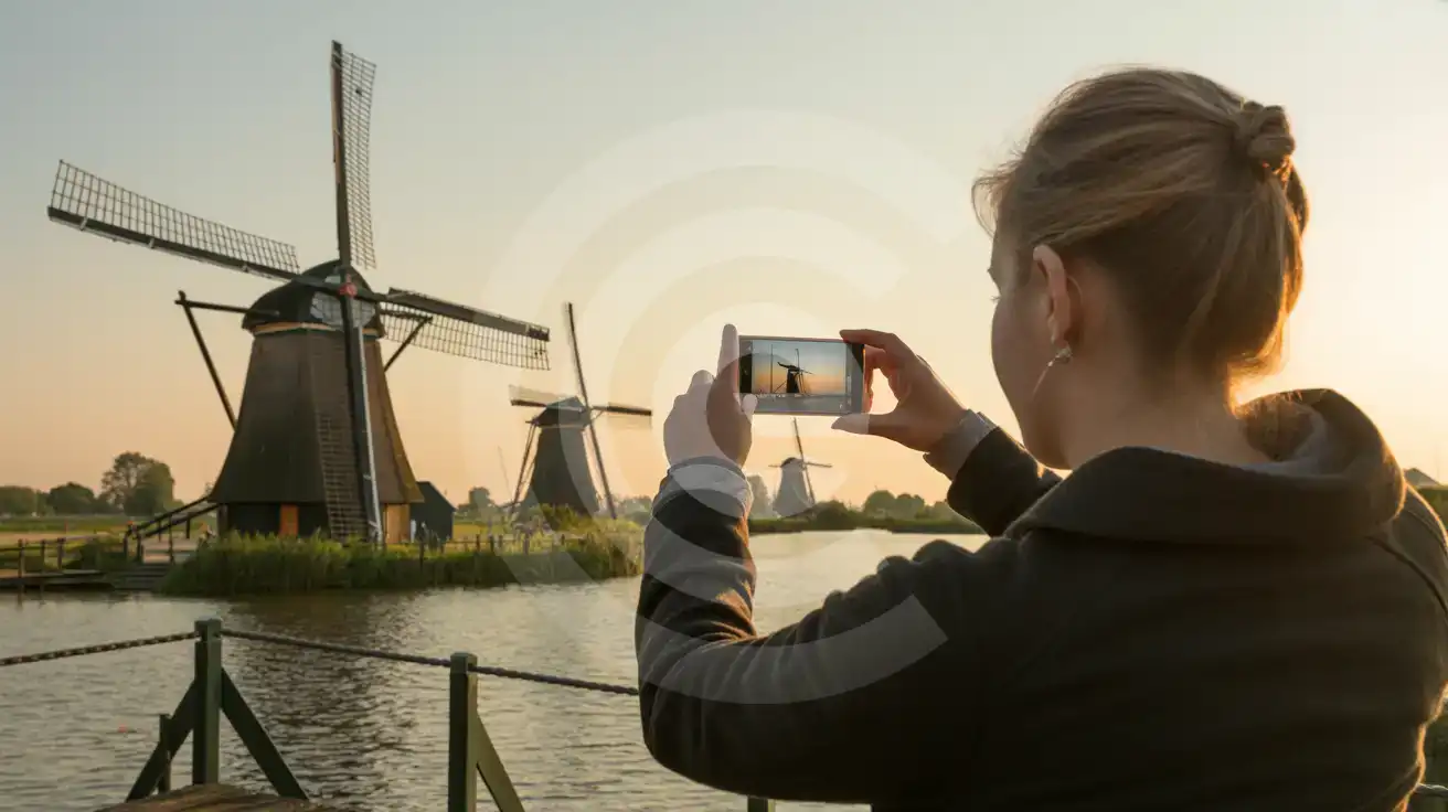 Moinhos de Kinderdijk ao entardecer com um viajante fotografando da passarela do canal