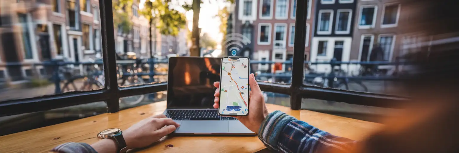 Amsterdam'da bir kafede, kanallı evlerin göründüğü pencereden dizüstü bilgisayara bağlı akıllı telefonunu kullanan gezgin