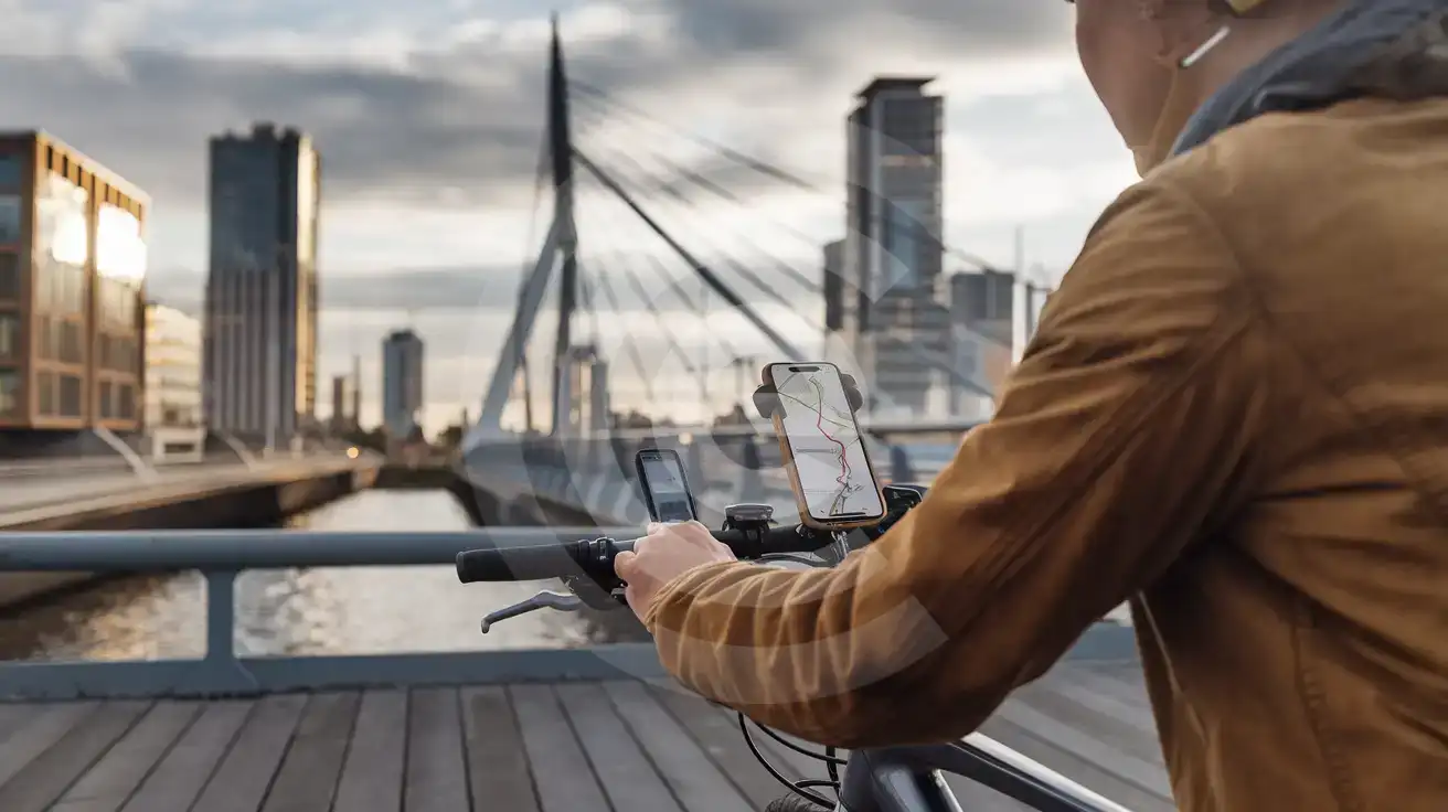 Rotterdam'daki Erasmus Köprüsü yakınında akıllı telefon navigasyonunu kontrol eden bisikletçi