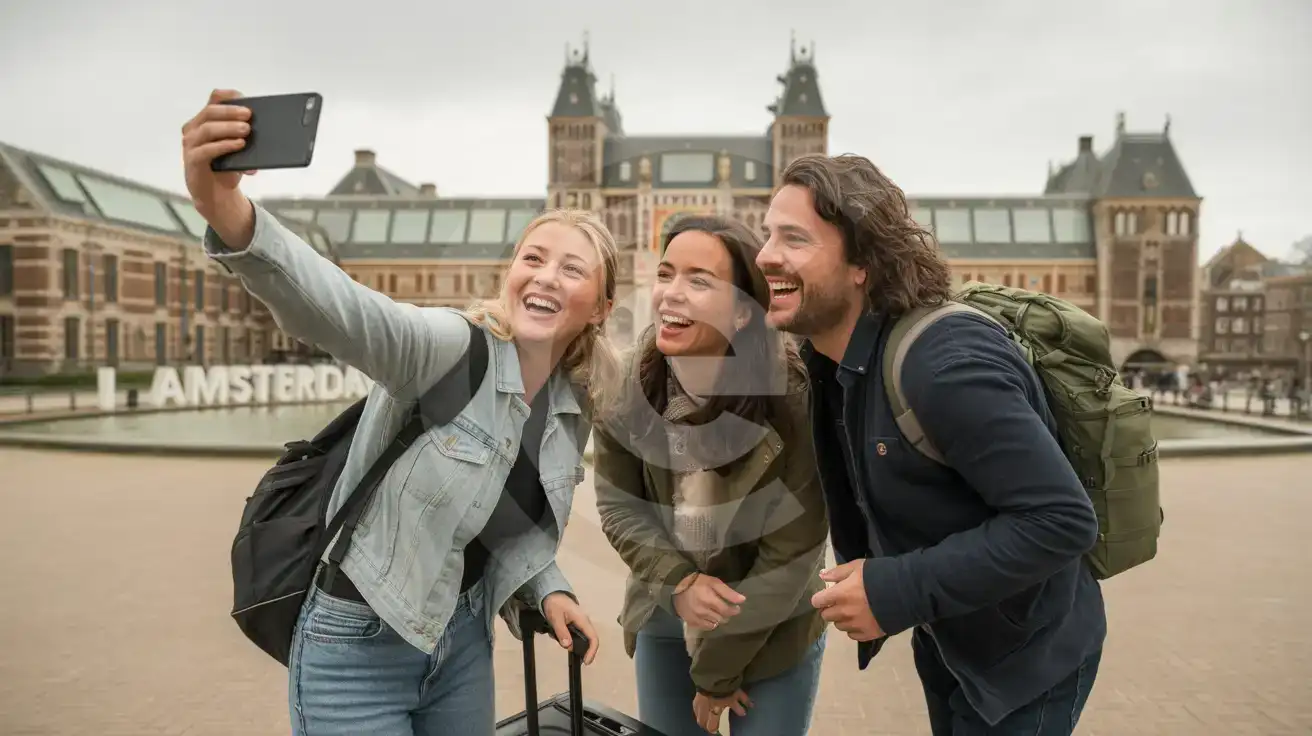 Three friends taking a group selfie in front of the Rijksmuseum in Amsterdam, Netherlands