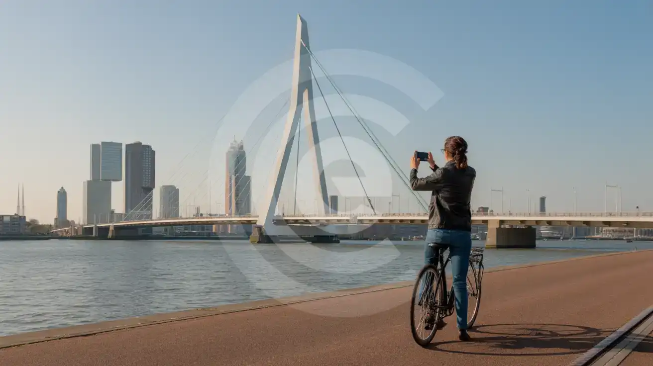Viajante solo de bicicleta passando pelos históricos moinhos de vento de Kinderdijk, na Holanda, com smartphone montado no guidão