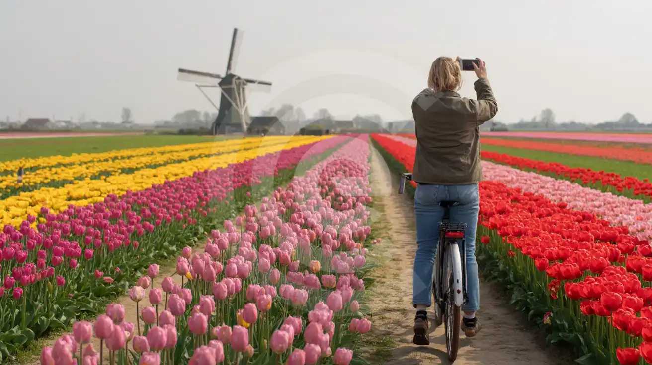 Viajante com uma bicicleta fotografando campos de tulipas holandesas e um moinho de vento ao pôr do sol