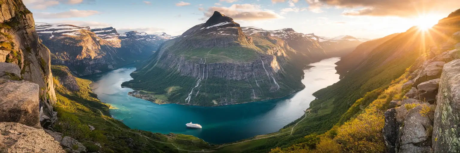 Geirangerfjord in Norway with dramatic cliffs, waterfalls, and a cruise ship navigating deep blue-green waters at golden hour