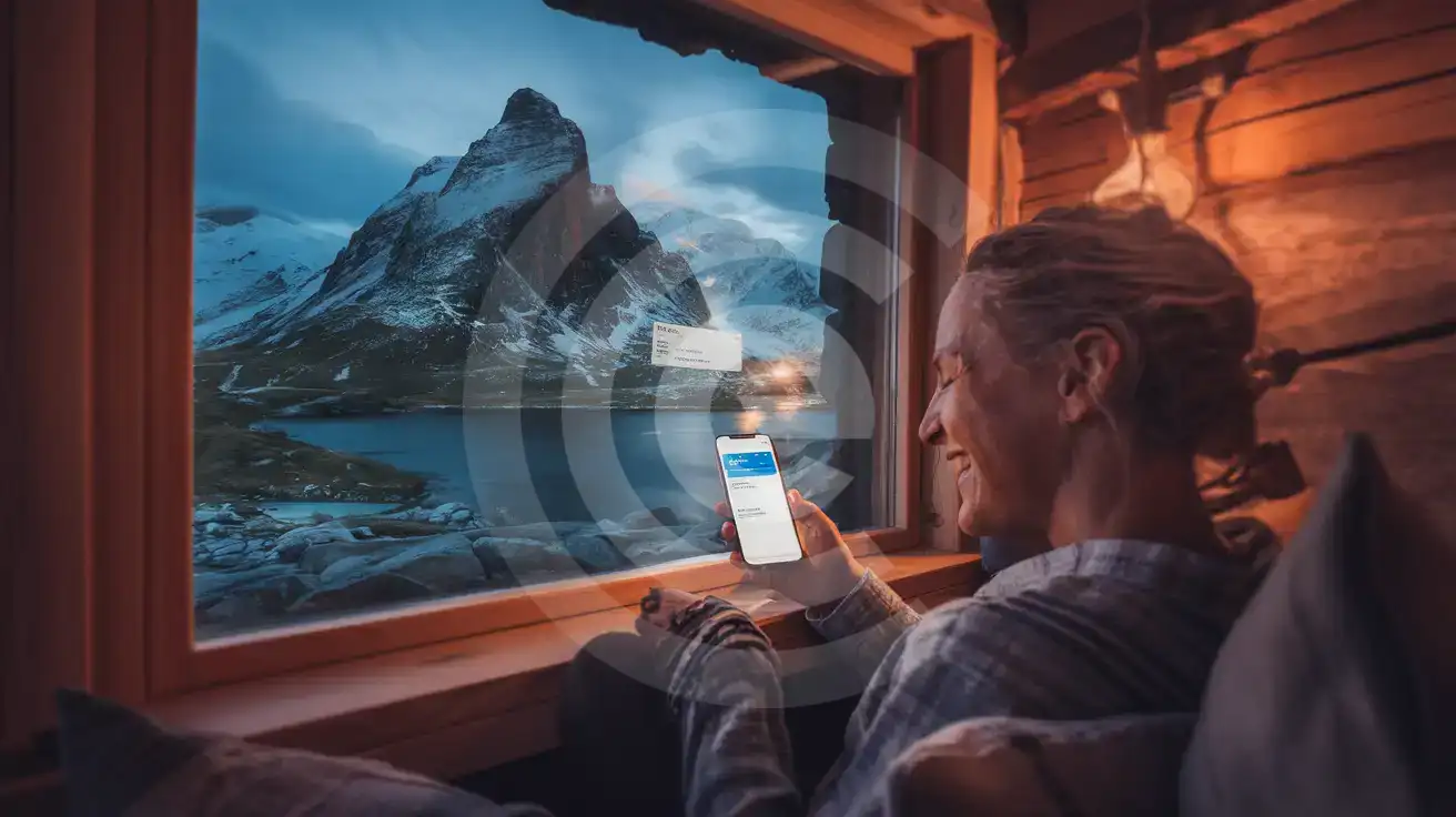 Norveç dağ kulübesinde akıllı telefonunda mesaj bildirimi alan gezgin