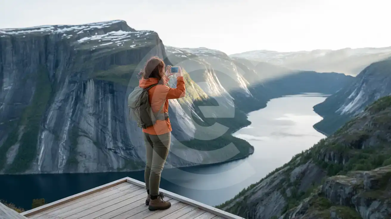 Solo female traveler photographing Trolltunga rock formation jutting over Lake Ringedalsvatnet in Norway with snow-capped peaks in the background