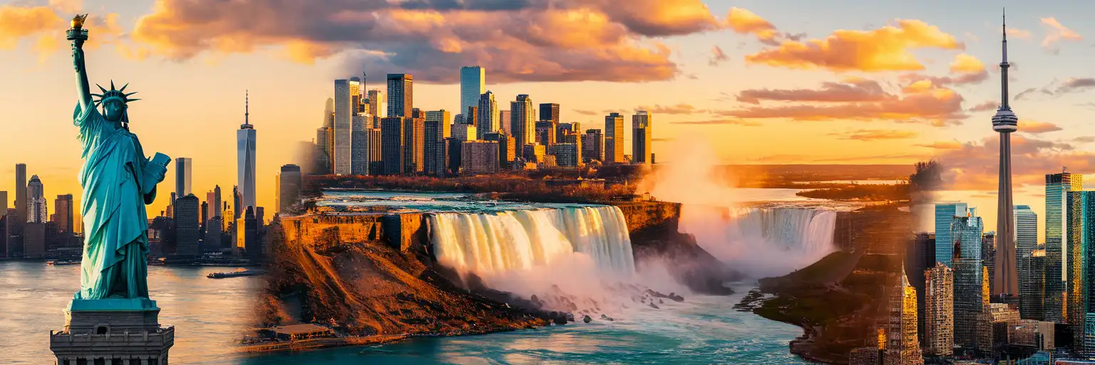 Golden-hour montage of the Statue of Liberty, Niagara Falls, and CN Tower representing North American travel