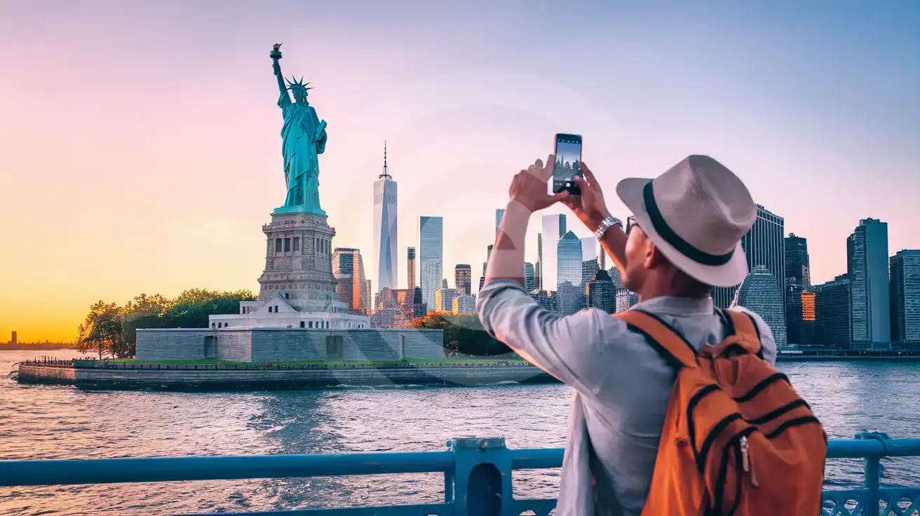 Traveler photographing the Statue of Liberty from a ferry at sunset with Manhattan skyline behind