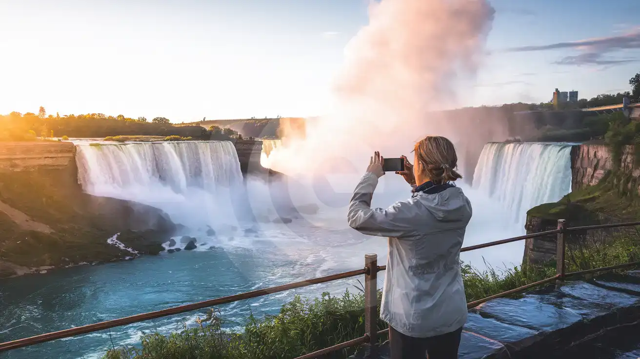 Traveler capturing Niagara Falls at sunset from the Canadian viewing platform