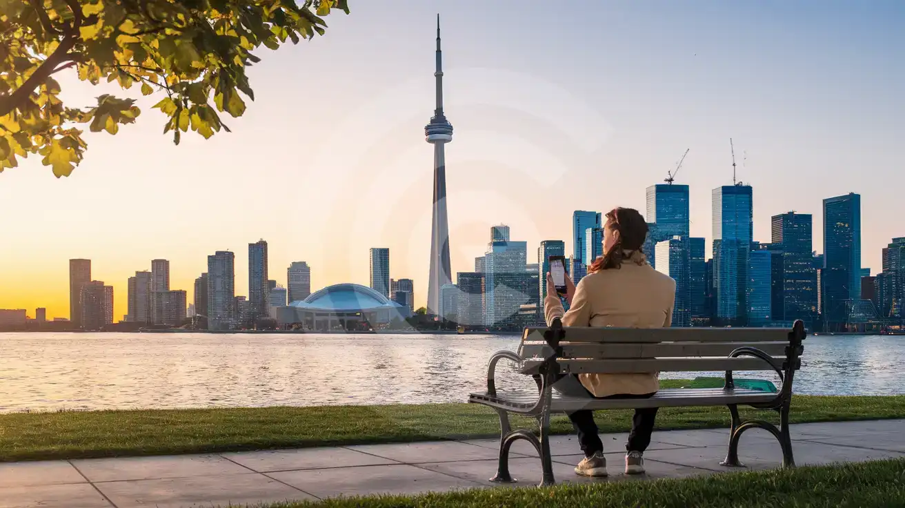Traveler viewing the CN Tower and Toronto skyline from Toronto Islands at sunset