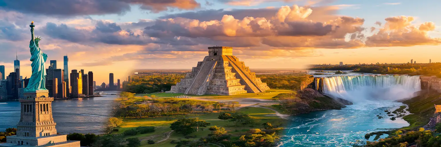 Golden-hour montage featuring the Statue of Liberty, Chichén Itzá pyramid, and Niagara Falls across the North American landscape