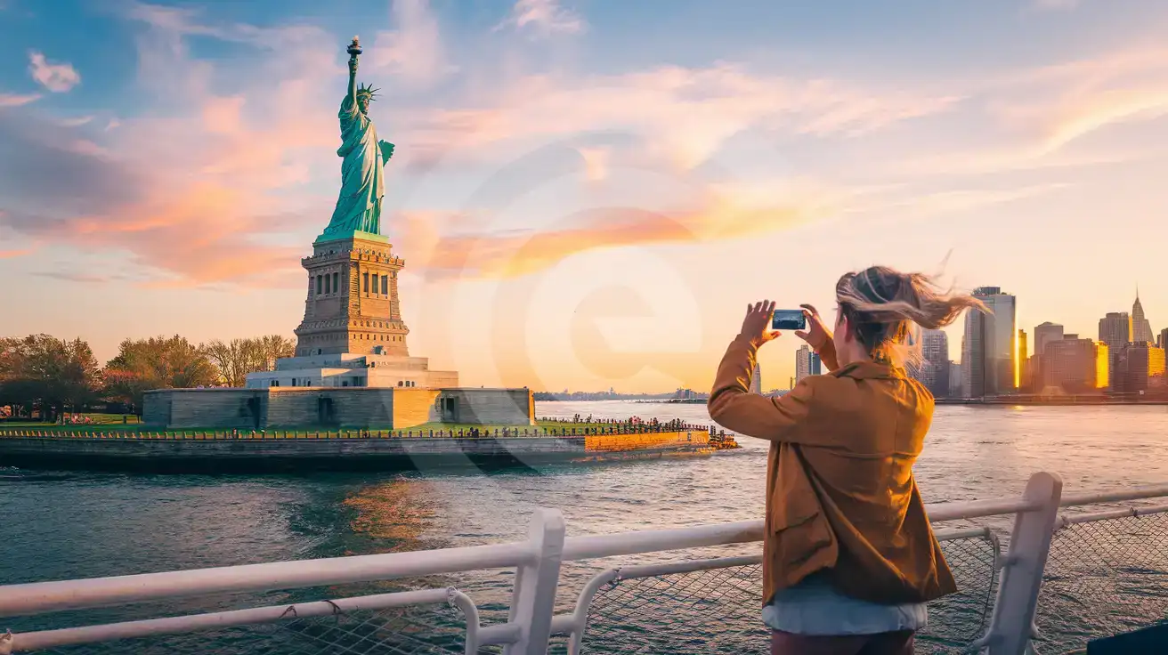 Traveler photographing the Statue of Liberty from a ferry at golden hour with Manhattan skyline in the background