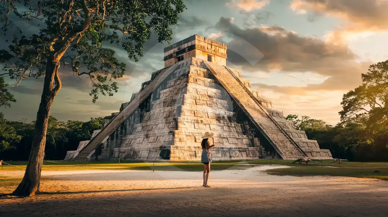Traveler checking their phone at Chichén Itzá with the Kukulcán pyramid illuminated by sunset light