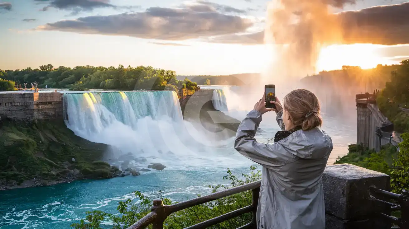 Traveler photographing Niagara Falls at sunset with mist rising from the Horseshoe Falls