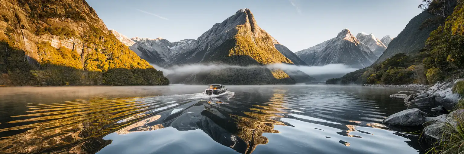 Milford Sound fiord with Mitre Peak rising from calm waters surrounded by Fiordland National Park mountains at golden hour