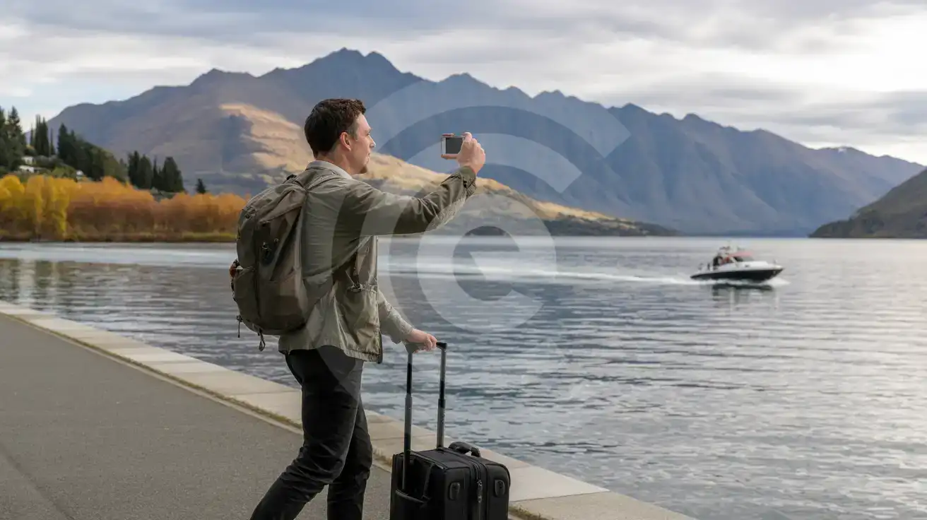 Solo male traveler photographing Lake Wakatipu and the Remarkables mountains from Queenstown lakefront promenade