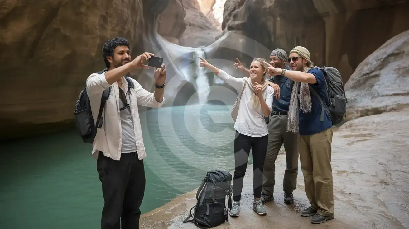 Three friends photographing Wadi Shab canyon pool with smartphone in Oman