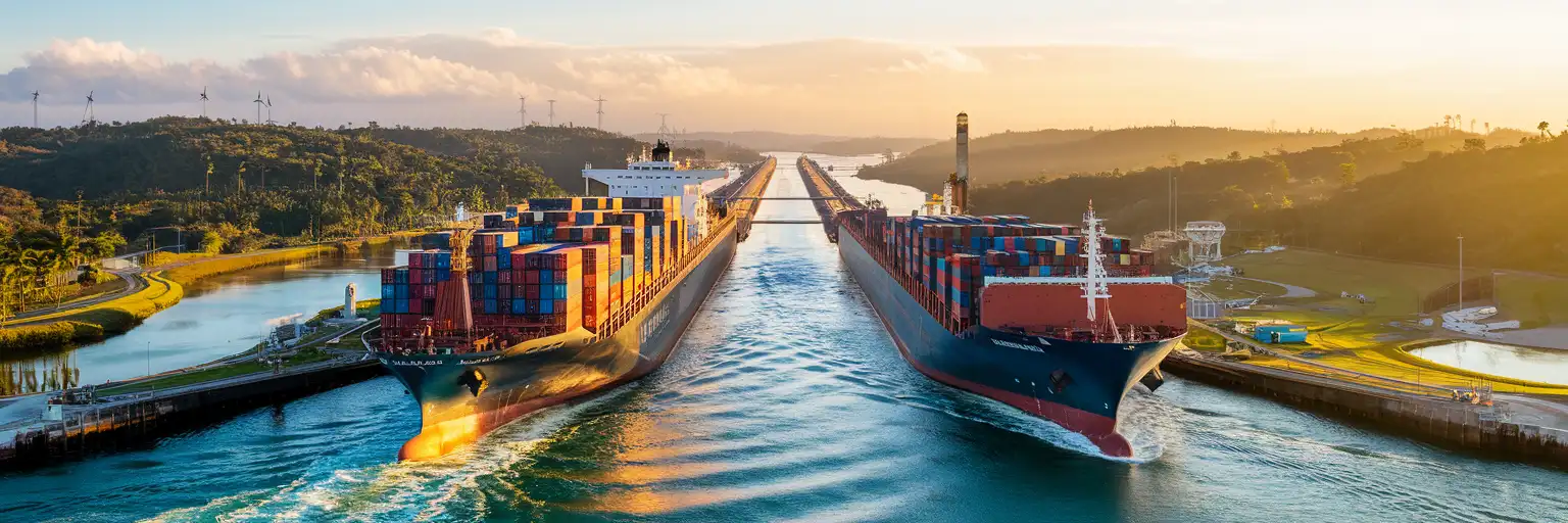Canal de Panamá en las esclusas de Miraflores con barcos portacontenedores transitando por el sistema de esclusas al atardecer