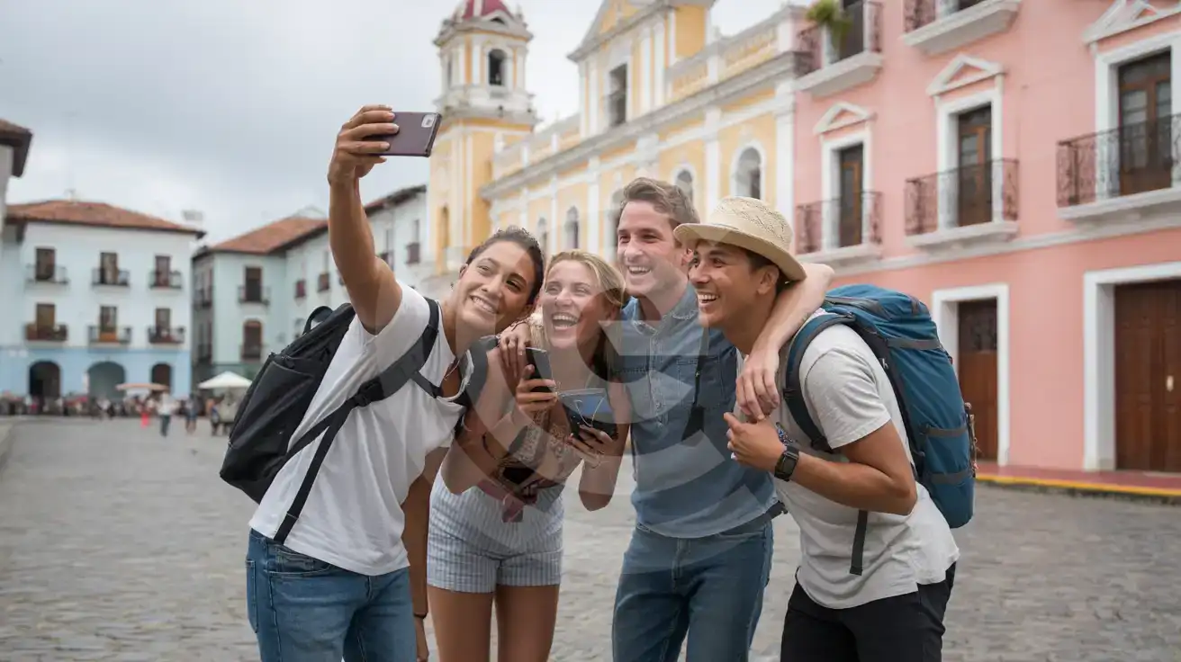 Grupo de amigos tomándose una selfie frente a edificios coloniales en Casco Viejo, Ciudad de Panamá