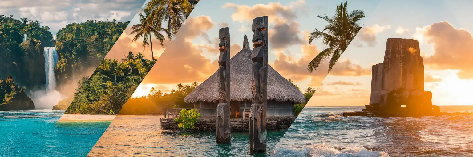 Golden-hour montage of Bouma Falls in Fiji, Haus Tambaran spirit house in Papua New Guinea, and Ha'amonga 'a Maui trilithon in Tonga