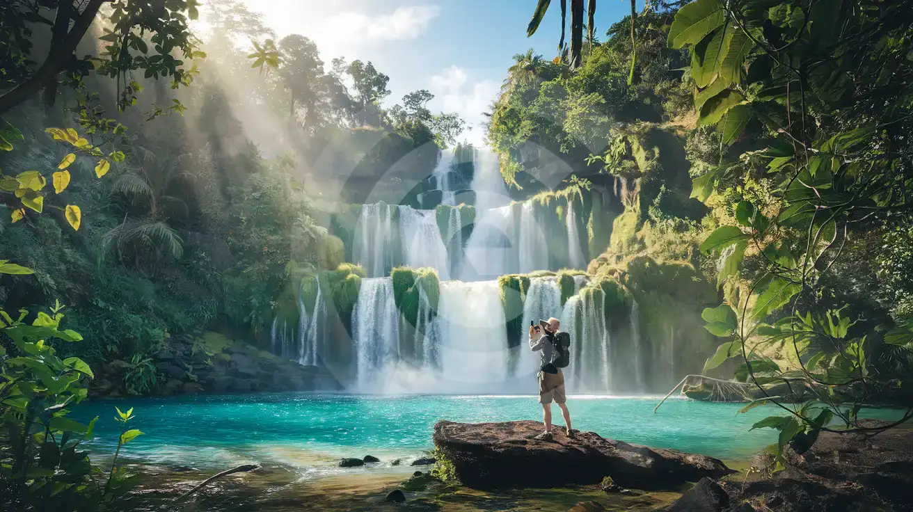 Traveler photographing Bouma Falls waterfall on Taveuni Island, Fiji