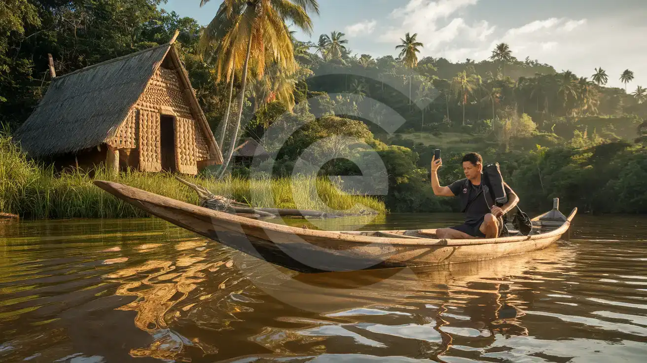 Traveler on dugout canoe checking phone near a spirit house on Papua New Guinea's Sepik River