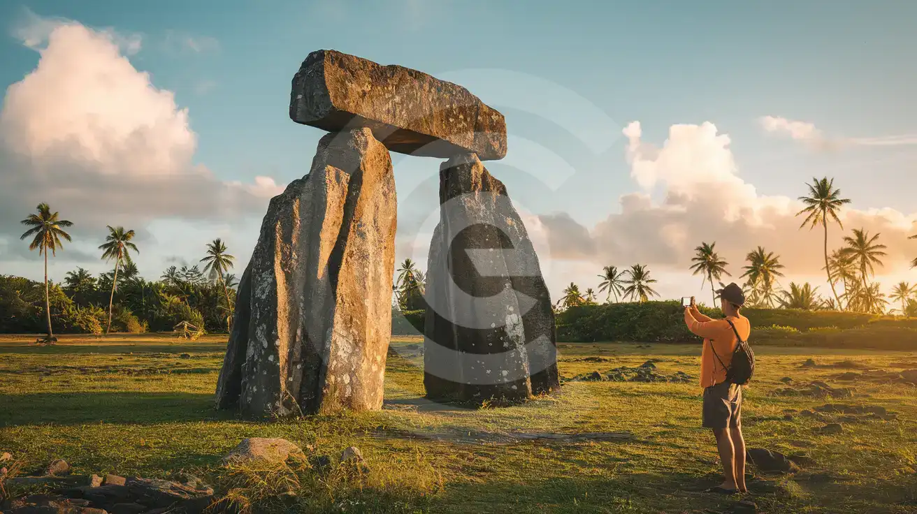 Traveler photographing Ha'amonga 'a Maui stone trilithon monument in Tonga