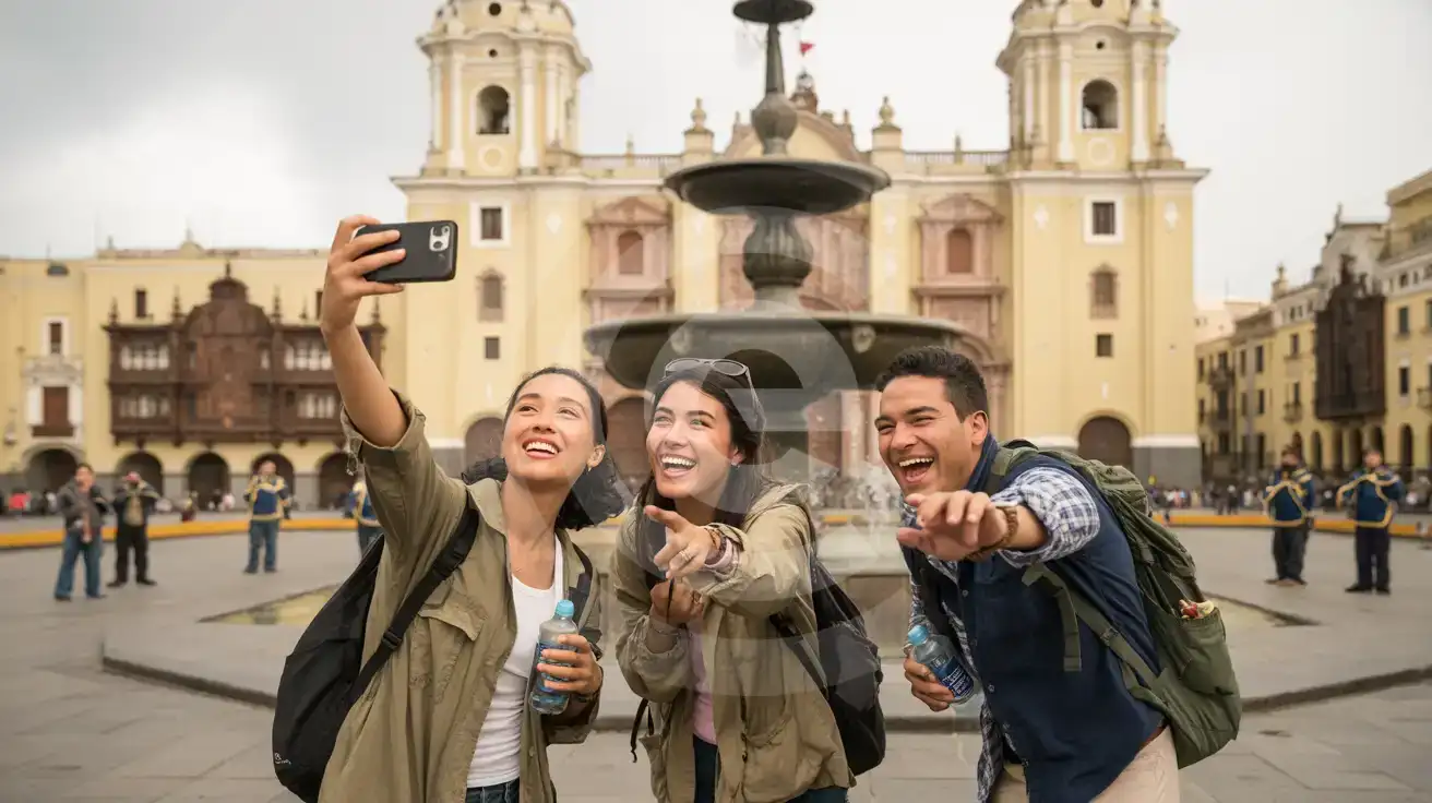 Three friends taking a group selfie at Lima's Plaza Mayor with the colonial Lima Cathedral behind them