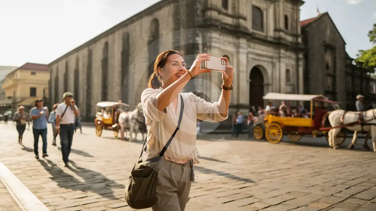 Solo female traveler photographing the historic San Agustin Church in Intramuros Manila with smartphone