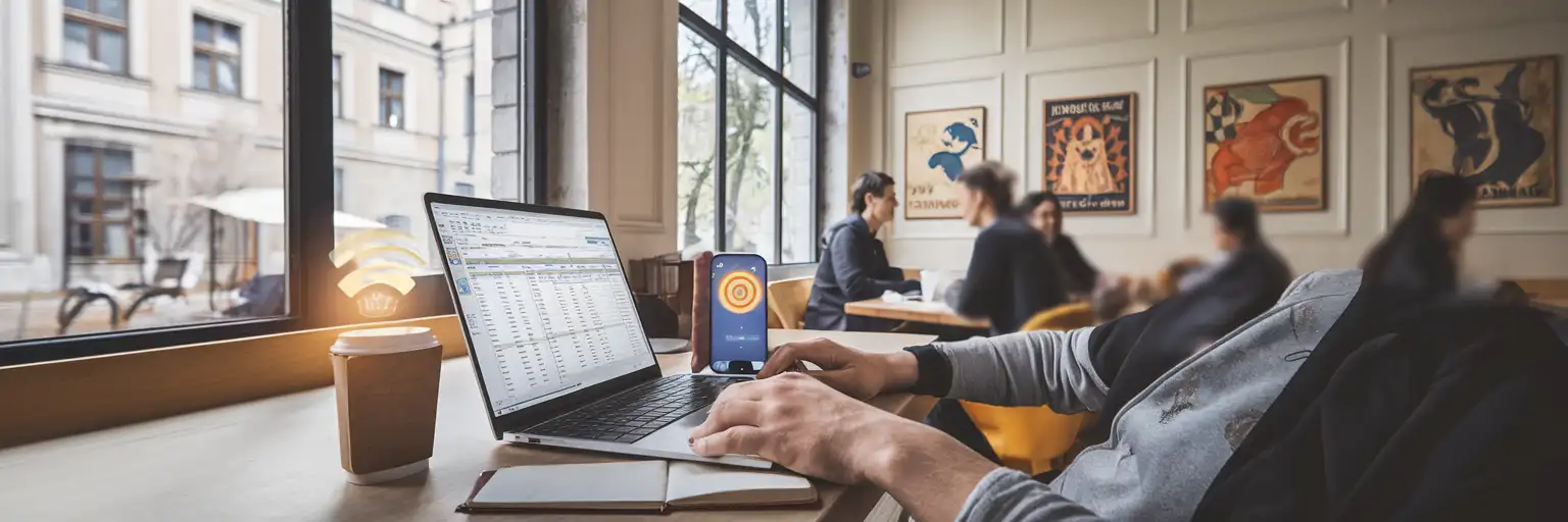 Persoană care lucrează de la distanță și își conectează laptopul prin hotspotul telefonului într-o cafenea din Cracovia, cu arhitectură istorică vizibilă prin ferestre