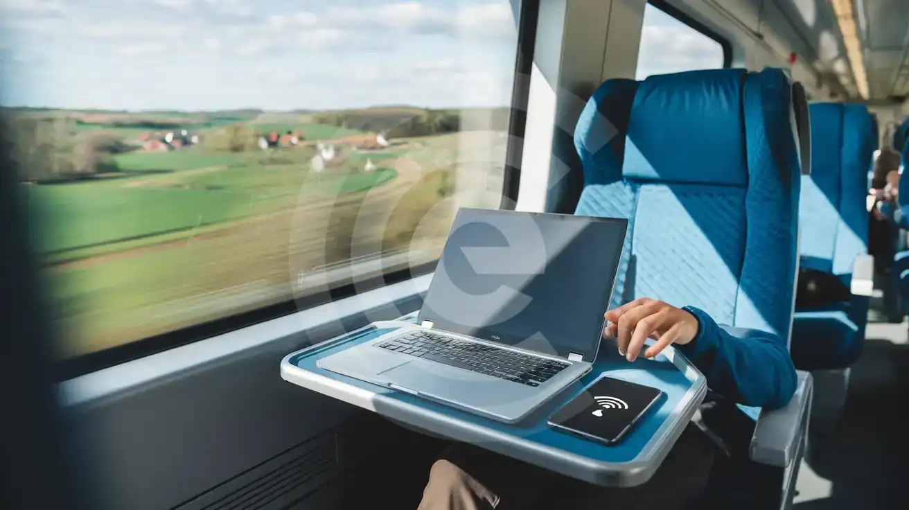 Călător lucrând pe laptop folosind hotspotul telefonului într-un tren intercity polonez, cu peisajul rural în fundal