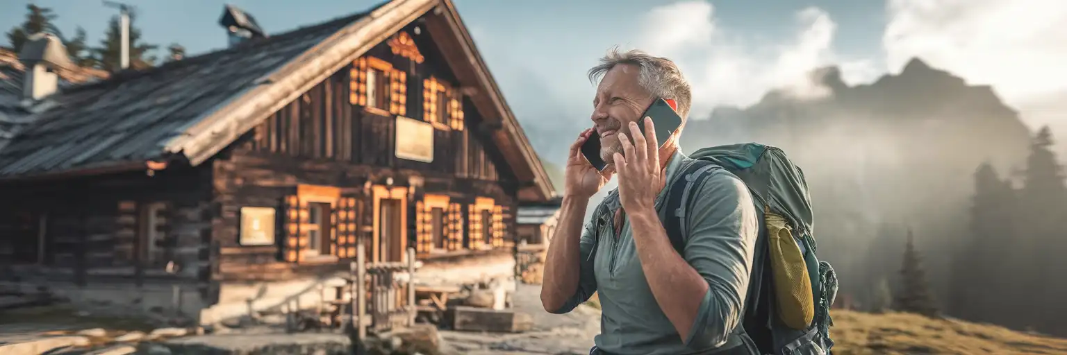 Călător vorbind la telefon în fața unei pensiuni tradiționale din lemn în Munții Tatra din Polonia, în timpul orei de aur